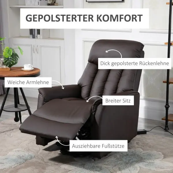 HOMCOM Aufstehsessel mit Aufstehhilfe Fernsehsessel Liegefunktion Braun 713-067V91BN