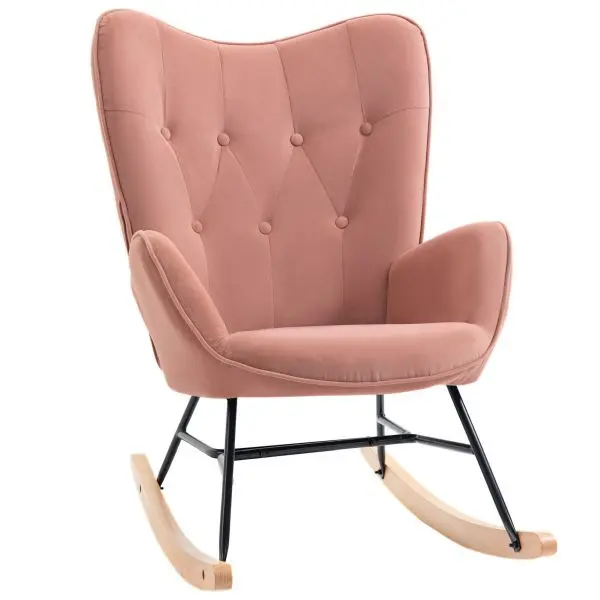 HOMCOM Schaukelstuhl mit Stahlrahmen gepolstert Gummiholz Metall Rosa+Natur 84 x 70 x 96 cm 839-217PK