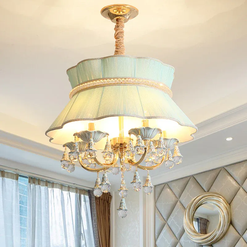 Modernes Kandelaber-Hängelampen-Set, 5 Köpfe, Kristall-Tropfen-Anhänger-Kronleuchter Blau/Rosa mit Stoffschirm