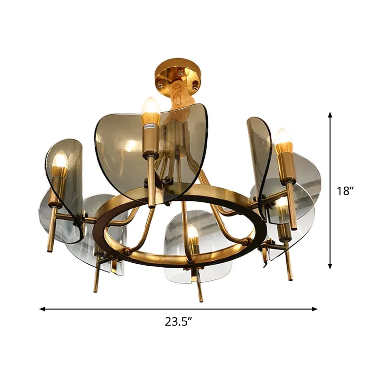 Kronleuchter aus gebogenem Blech, Mid-Century-Hängeleuchte aus klarem Glas mit 6/8-flammigem Golden und offenem Glühbirn...
