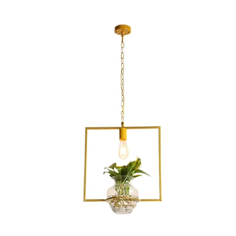 Quadratische/runde/Kürbis-Hängeleuchte im Vintage-Stil, 1 Glühbirne, Eisen-Down-Beleuchtung Golden mit Topfpflanze für...