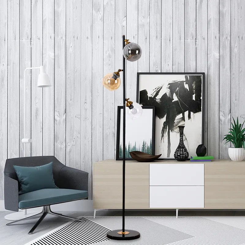 Sphere Mehrfarbige Glas-Stehbeleuchtung, einfache 3-flammige Wohnzimmer-Boden-Leselampe mit Metallsockel 2er Pack
