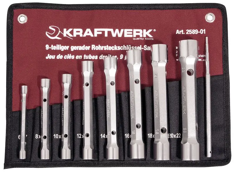 Kraftwerk Gerader Doppel-/Rohrsteckschlüssel-Satz massive Ausführung CNC-präzisions-gefertigt 6 -22 mm + Stift 9-tlg 25...