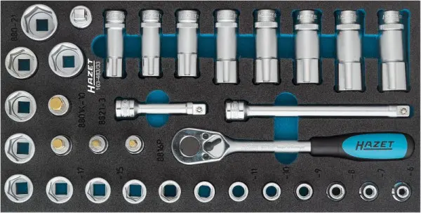 Hazet Nuss Satz Innenvierkant 10 = 3/8" 33-teilig Vierkant hohl 10 mm Außen-Sechskant-Tractionsprofil Innen-Sech...