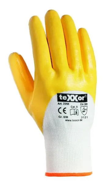 teXXor Polyester-Strickhandschuhe NITRIL BESCHICHTET Grösse: 9 Farbe: weiß/gelb VE: 1 Paar 2358-9