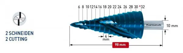 Karnasch Stufenbohrer HSS-XE Blue-Dur beschichtet Spiral genutet - 2 Schneiden 6-30mm 201449