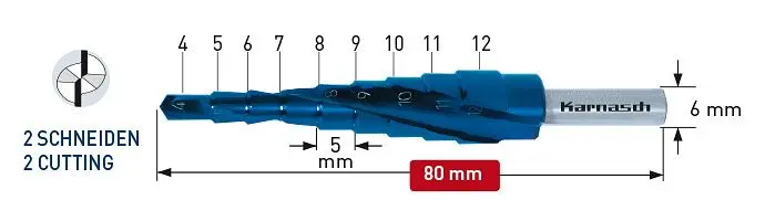 Karnasch Stufenbohrer HSS-XE Spiral genutet - 2 Schneiden 4-12mm VE: 3 Stück 201447U