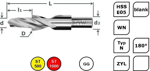 SPPW Kurzstufenbohrer HSS-E05 180° L: 45x6 Ø24x43 - M2 1234100200
