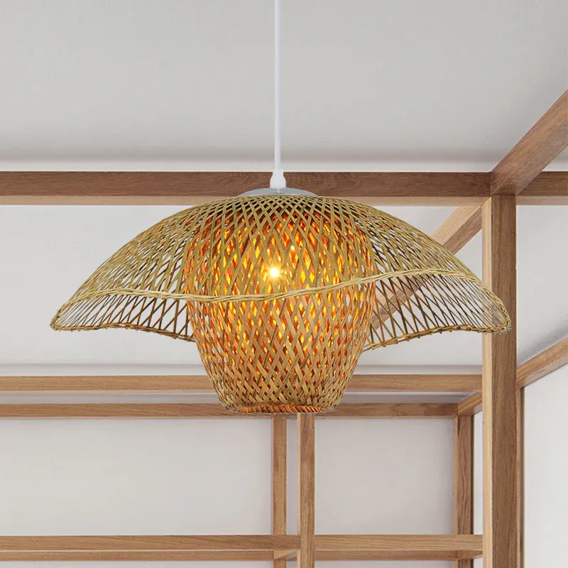 18"/21,5"/25,5" breiter Hut-Hängeanhänger Retro-Bambus 1 Glühbirne Holz-Hängelampen-Set für Teestube