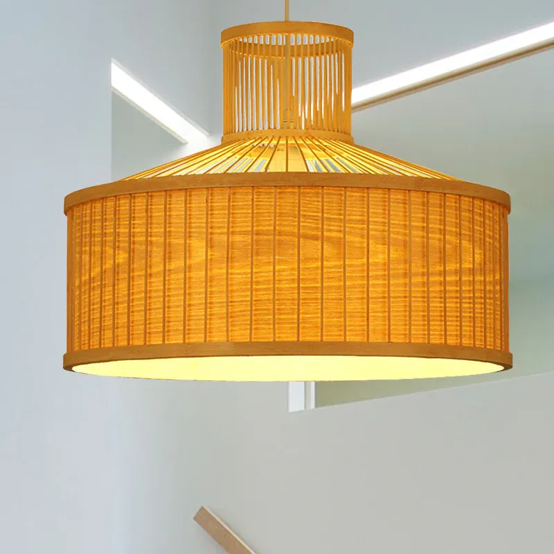 18"/23,5" breiter Zylinder-Hängeanhänger, Retro-Bambus-Hängelampen-Set mit 1 Glühbirne und Holz