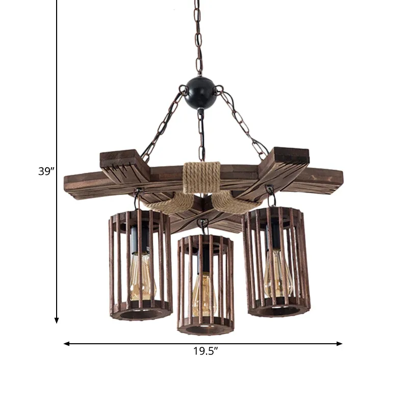 Holzbrauner Kronleuchter-Beleuchtungszylinder, 3/6-flammiges Vintage-Pendelleuchten-Set mit Abzweigbalken