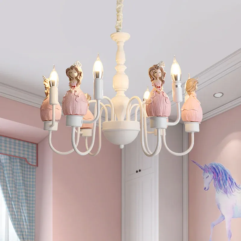 Prinzessinnen-Harz-Hängelampen-Set, Cartoon, 6 Glühbirnen, rosa und weiße Kerze, Kronleuchter, Hängelampe