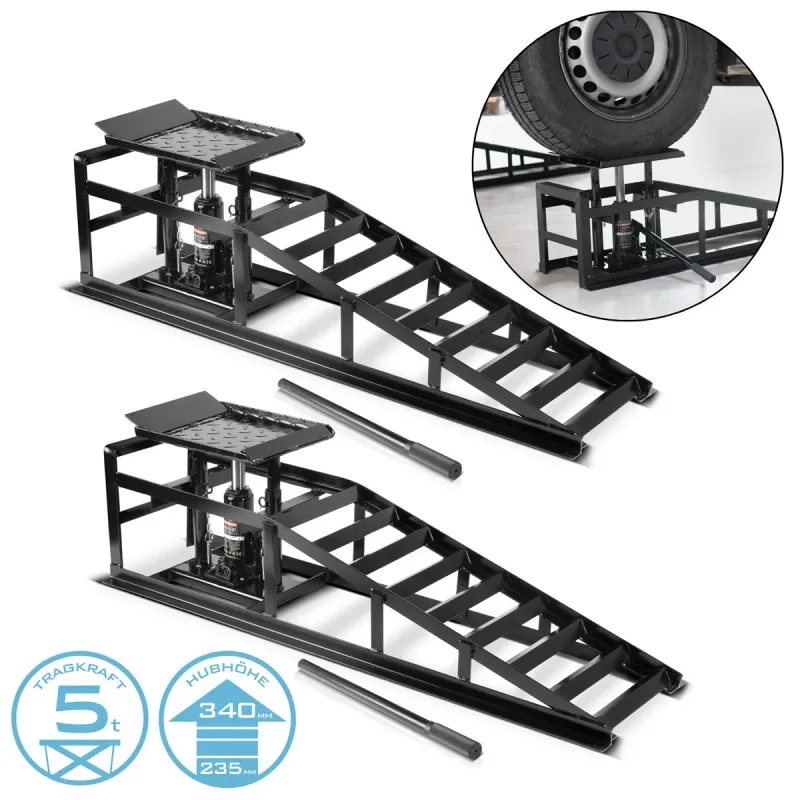 STAHLWERK Hydraulische Auffahrrampe GTH-14 ST 2er Set mit 5 Tonnen Tragkraft Auffahrbock mit Wagenheber | höhenverstellba...