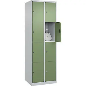 4er-Schließfachschrank Bewährt PLUS, 2 Abteile, lichtgrau / resedagrün, B 600 mm, 8 Fächer, mit Bodengleitern.