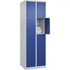 4er-Schließfachschrank Zeitlos PLUS, 2 Abteile, lichtgrau / enzianblau, B 600 mm, 8 Fächer, mit Bodengleitern.
