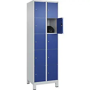 5er-Schließfachschrank Edel PLUS, 2 Abteile, lichtgrau / enzianblau, B 600 mm, 10 Fächer, mit Füßen.