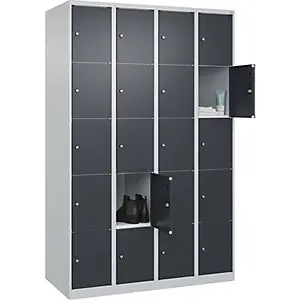 5er-Schließfachschrank Etabliert PLUS, 4 Abteile, lichtgrau / grau, B 1200 mm, 20 Fächer, mit Bodengleitern.