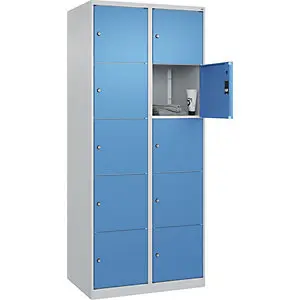 5er-Schließfachschrank Zeitlos PLUS, 2 Abteile, lichtgrau / lichtblau, B 800 mm, 10 Fächer, mit Bodengleitern.