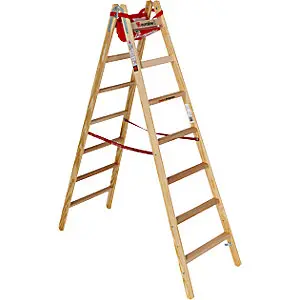 Atmungsaktive Holz-Stehleiter mit Komfort-Breitsprossen, beidseitig begehbar, 2 x 7 Sprossen.