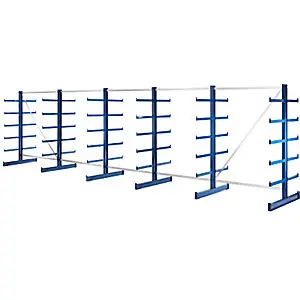 Kragarmregal mit identischer Kragarm-Länge, Regallänge 6750 mm, zweiseitig, enzianblau.