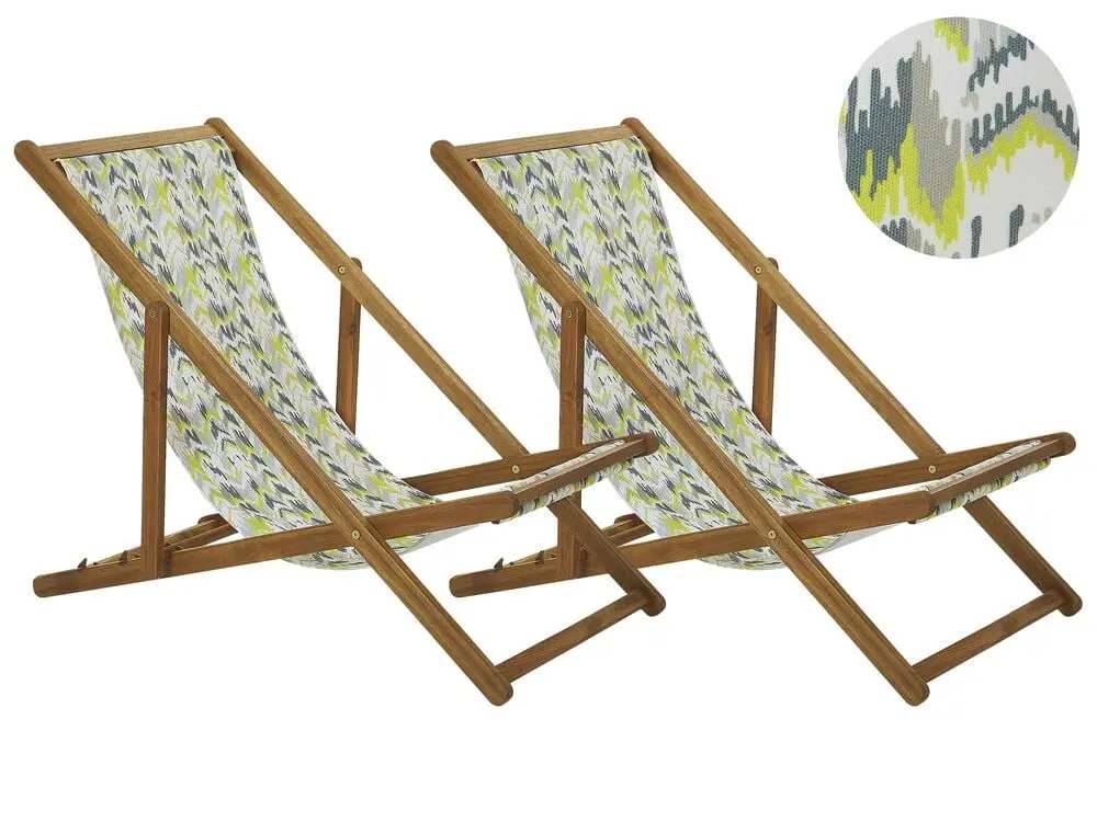 Leichte Liegestuhl Akazienholz hellbraun Textil weiß / gelb ZickZack-Muster 2er Set ANZIO