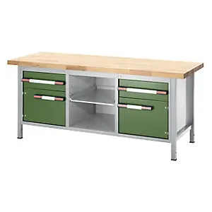 Premium Höhenverstellbare Werkbank, Gestellbauweise, 2 Schubladen, 2 Türen, 1 Auszugboden, Breite 2000 mm, lichtgrau / g...
