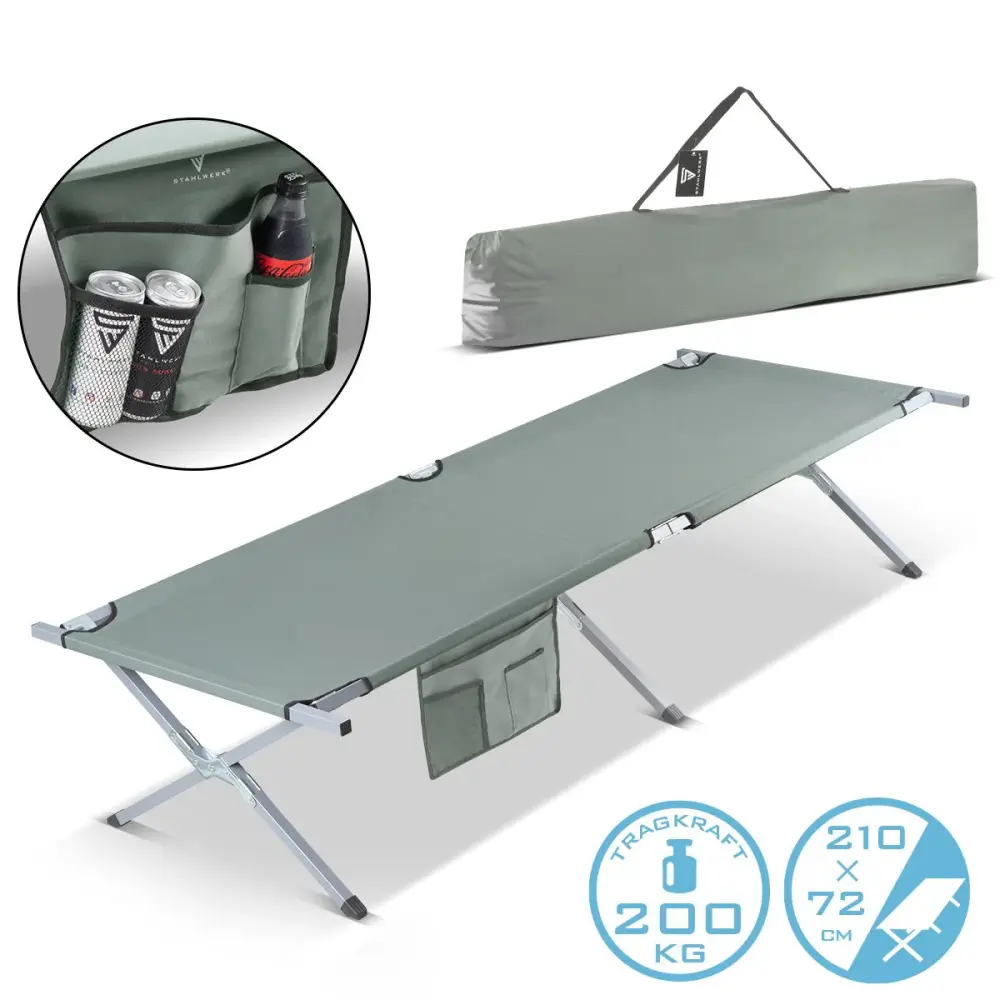 Steelworks camping lounger CL-210 ST klappbar XXL field bed 200 kg load capacity 210 x 72 cm camping bed | Folding bed | F...