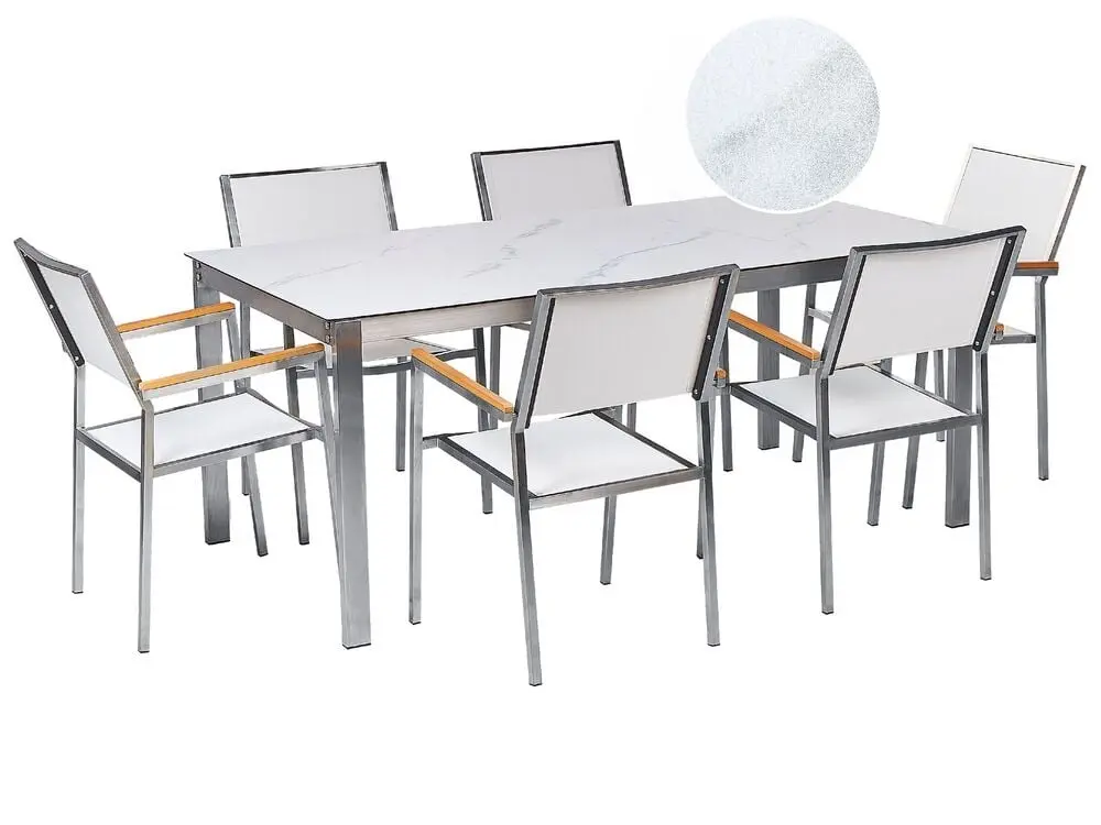 Gartenmöbel Set 6-Sitzer COSOLETO/GROSSETO Sicherheitsglas Marmor Optik Weißer Marmor für Garten und Poolbereich