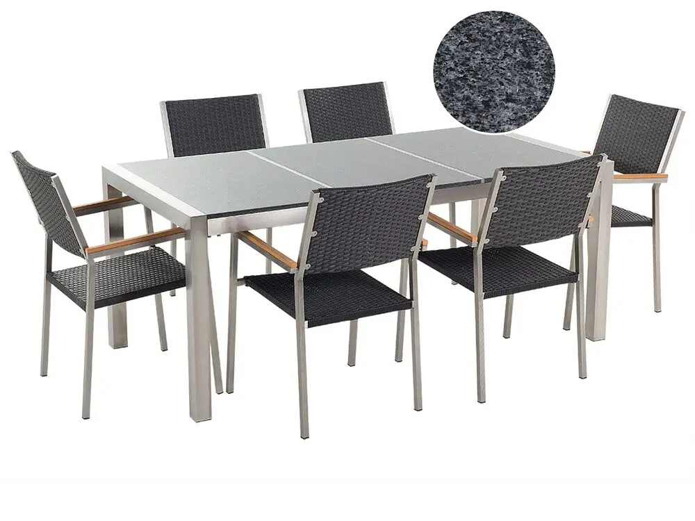 Gartenmöbel Set 6-Sitzer GROSSETO Dreifachplatte Granit Polierter Grau / Schwarz für Garten und Poolbereich