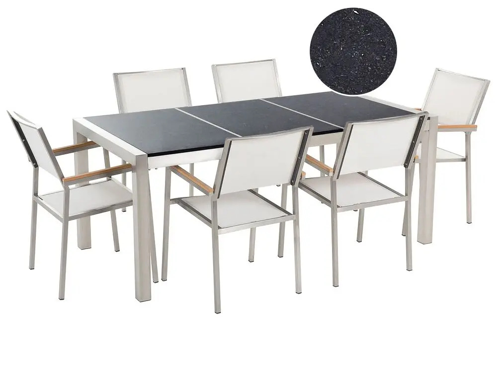 Gartenmöbel Set 6-Sitzer GROSSETO Dreifachplatte Granit Polierter Schwarz / Weiß mit 5 Jahren Garantie