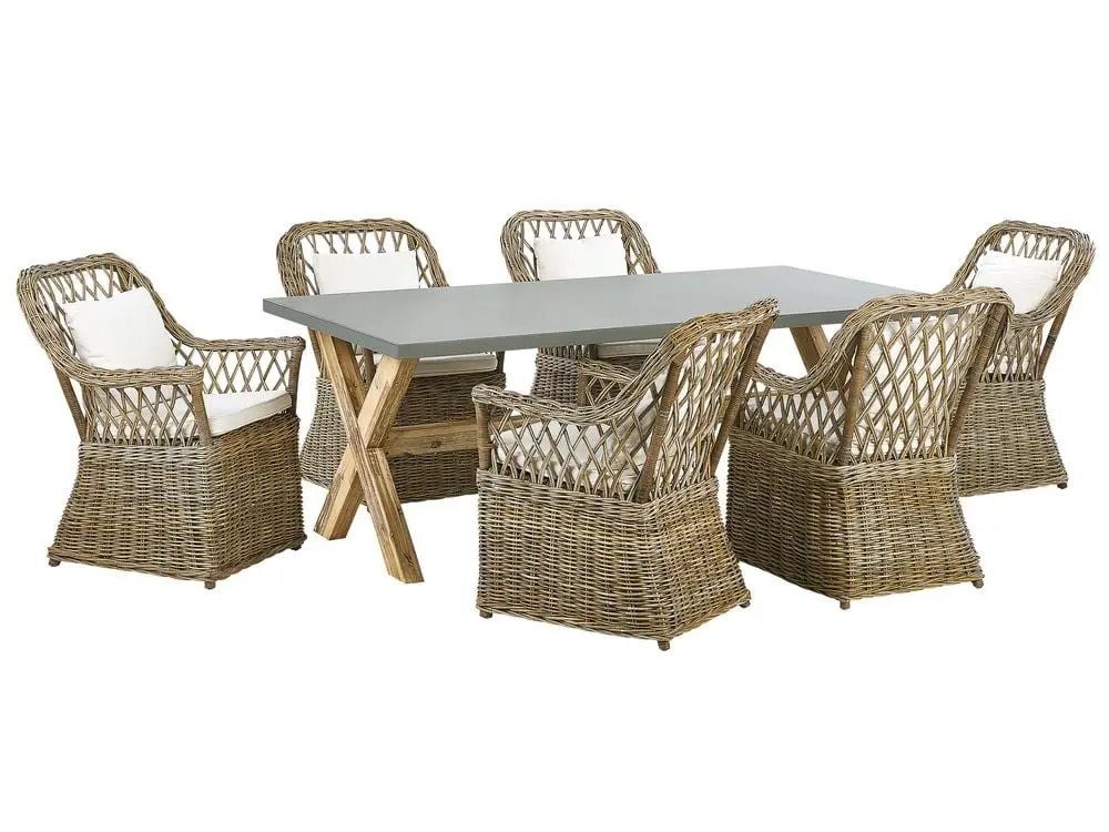 Gartenmöbel Set 6-Sitzer MAROS/OLBIA inkl. Kissen Beton Hellbraun mit Liege und Hocker