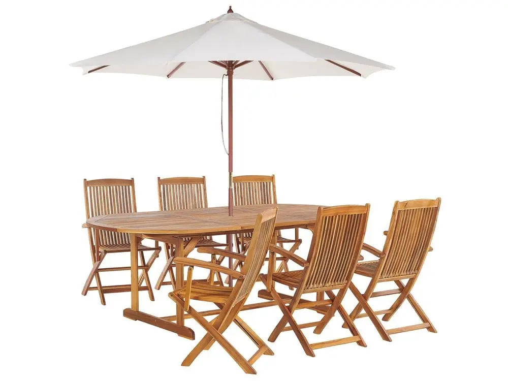Gartenmöbel Set 6-Sitzer MAUI mit Schirm (12 Optionen) Akazienholz Hellbraun inkl. Abdeckhauben