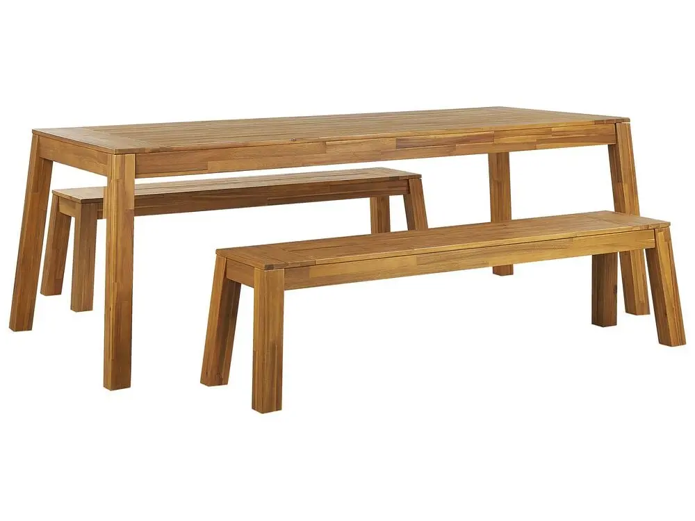 Gartenmöbel Set mit Bänken 6-Sitzer LIVORNO Akazienholz Braun mit Tisch und Stühlen