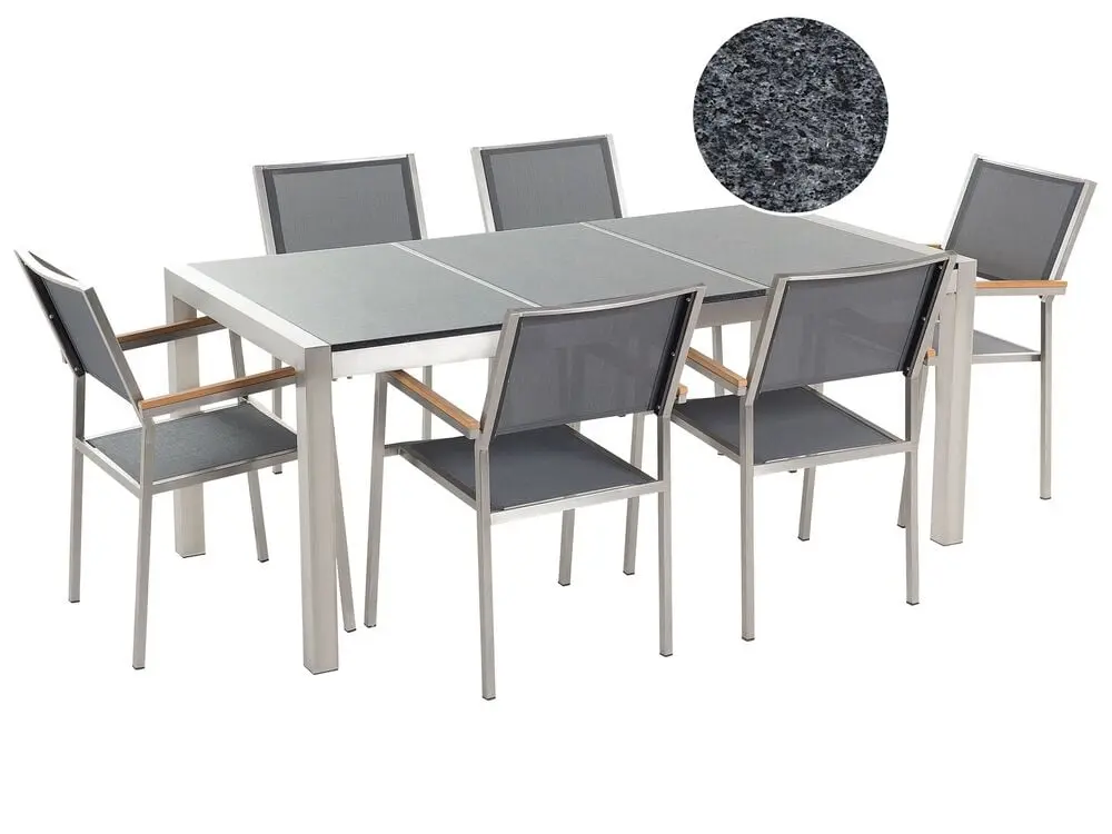Kompaktes Gartenmöbel Set 6-Sitzer GROSSETO Dreifachplatte Granit Polierter Grau