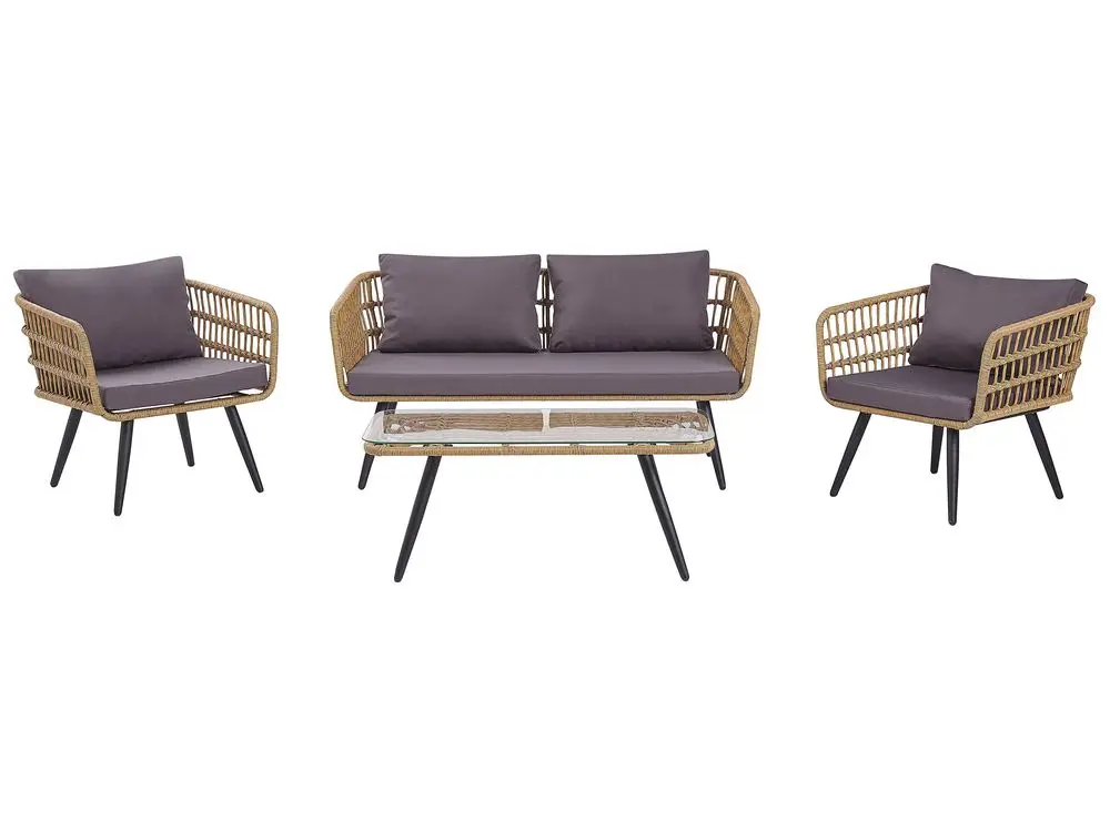 Lounge Set mit Tisch 4-Sitzer FOBELLO Polyrattan Hellbraun