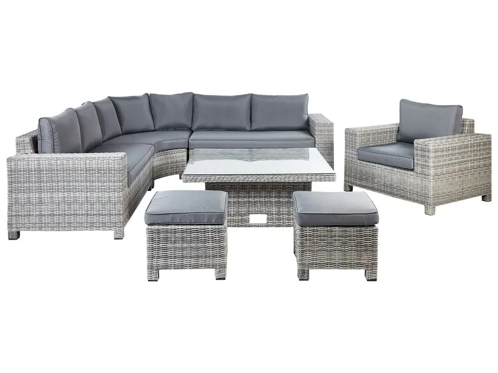 Rattan- Lounge Set mit Tisch und Ottomane 9-Sitzer TEGLIO kombinierbar Polyrattan Grau