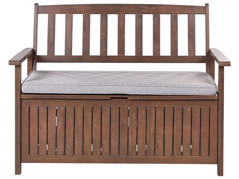 Gartenbank mit Auflage SOVANA 120 cm mit Stauraum Akazienholz Hellgrau