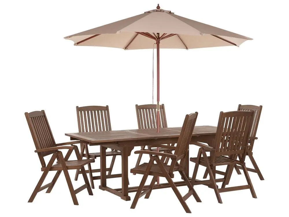 Eck- Gartenmöbel Set 6-Sitzer AMANTEA mit Schirm Akazienholz Sandbeige
