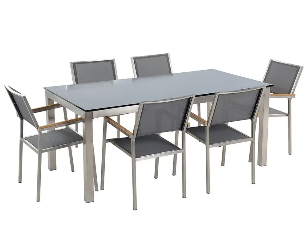 Gartenmöbel Set 6-Sitzer GROSSETO Sicherheitsglas Grau / Schwarz | wetterfest | pflegeleicht