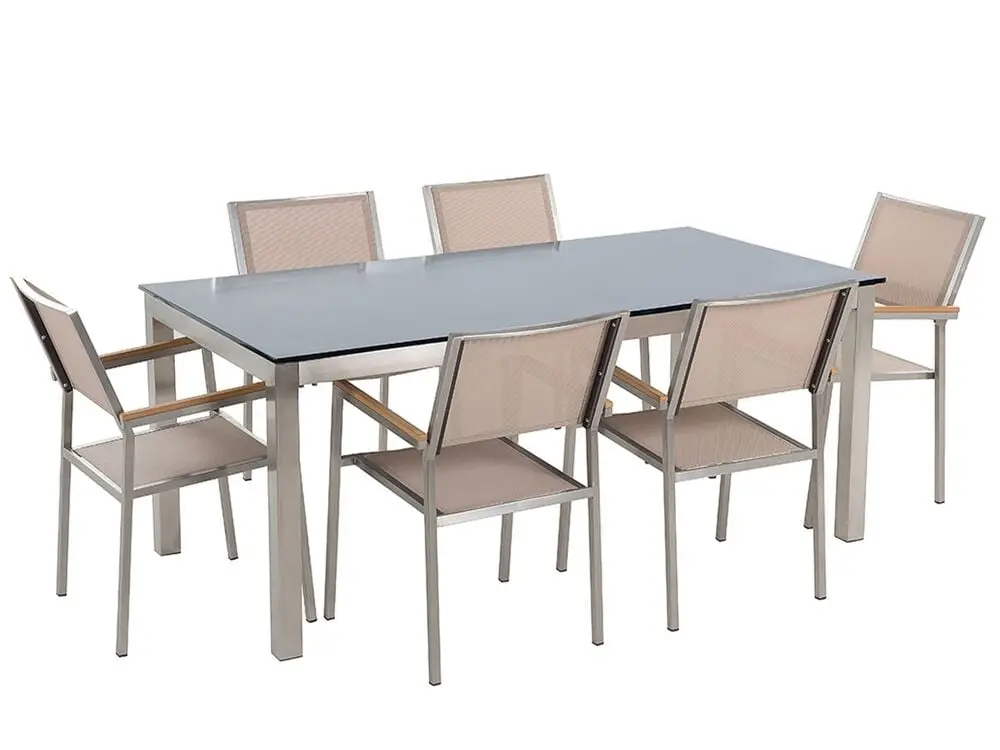 Gartenmöbel Set 6-Sitzer GROSSETO Sicherheitsglas Schwarz / Elfenbein
