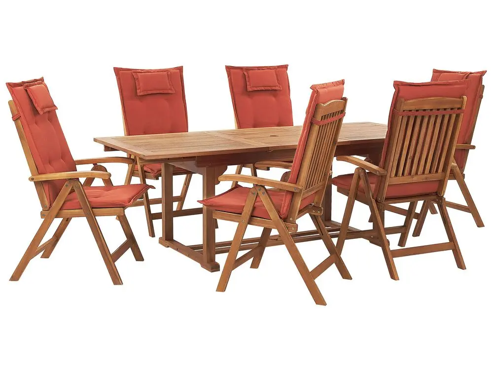 Modernes Gartenmöbel Set 6-Sitzer JAVA inkl. Kissen Akazienholz Dunkelrot