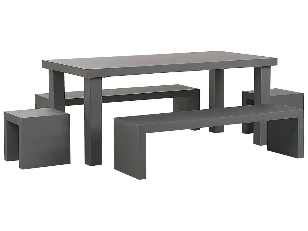 Rattan- Gartenmöbel Set mit Bänken und Hockern 6-Sitzer TARANTO Beton Grau