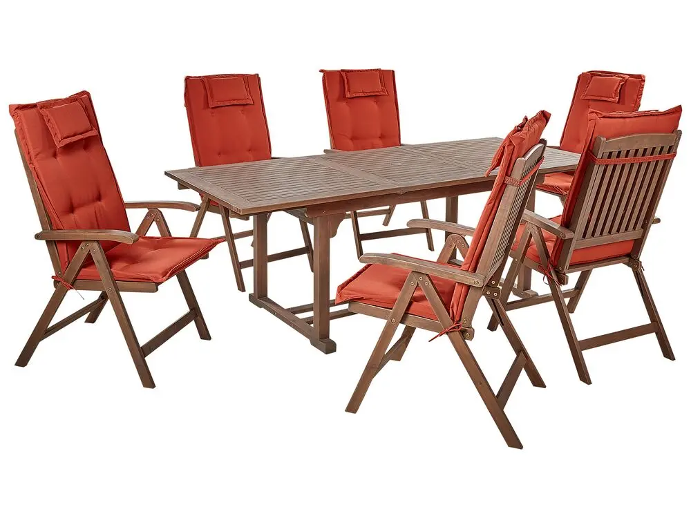 Gartenmöbel Set 6-Sitzer AMANTEA inkl. Kissen Akazienholz Rot mit Armlehnen