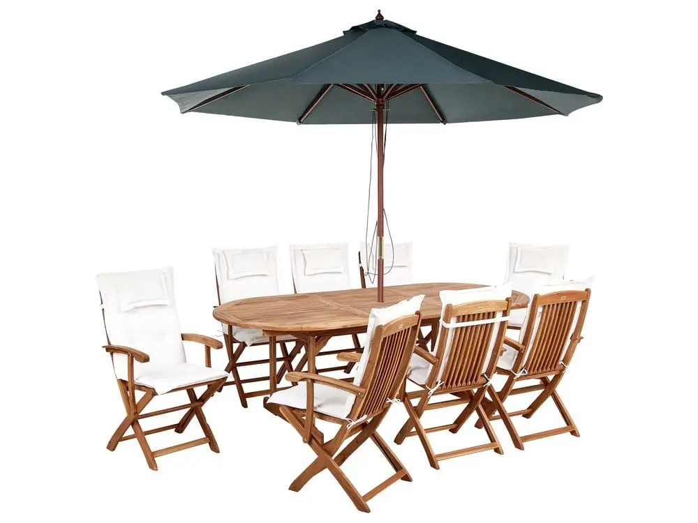 Gartenmöbel Set 8-Sitzer MAUI II mit Schirm Akazienholz Cremeweiß