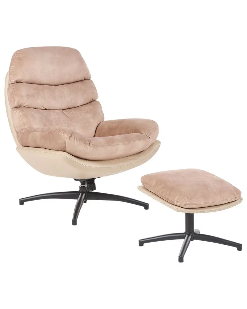 Swivel Armchair EIDE Footstool Velvet Sand Beige