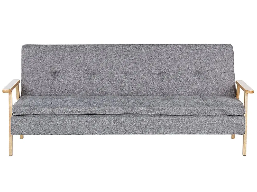 3-Sitzer Schlafsofa Stoff hellgrau / heller Holzfarbton TJORN mit Quick-Release-System