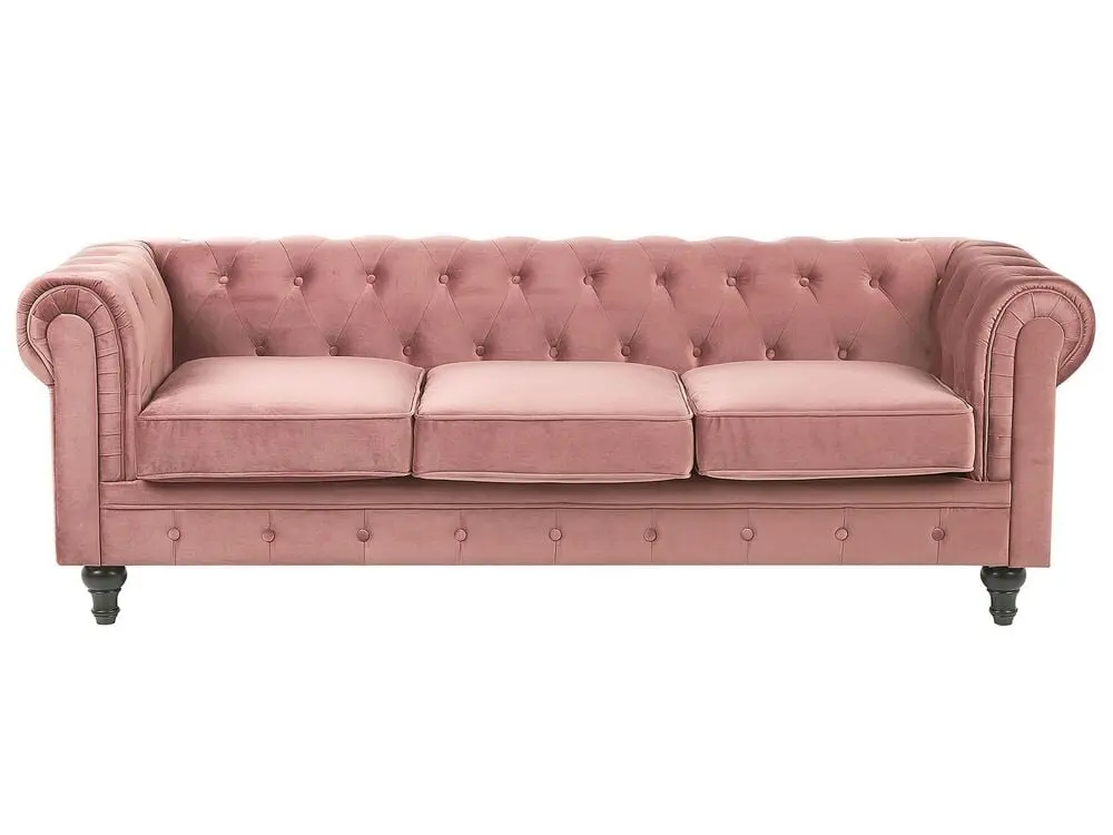 3-Sitzer Sofa Samtstoff rosa CHESTERFIELD aus Acacia-Holz
