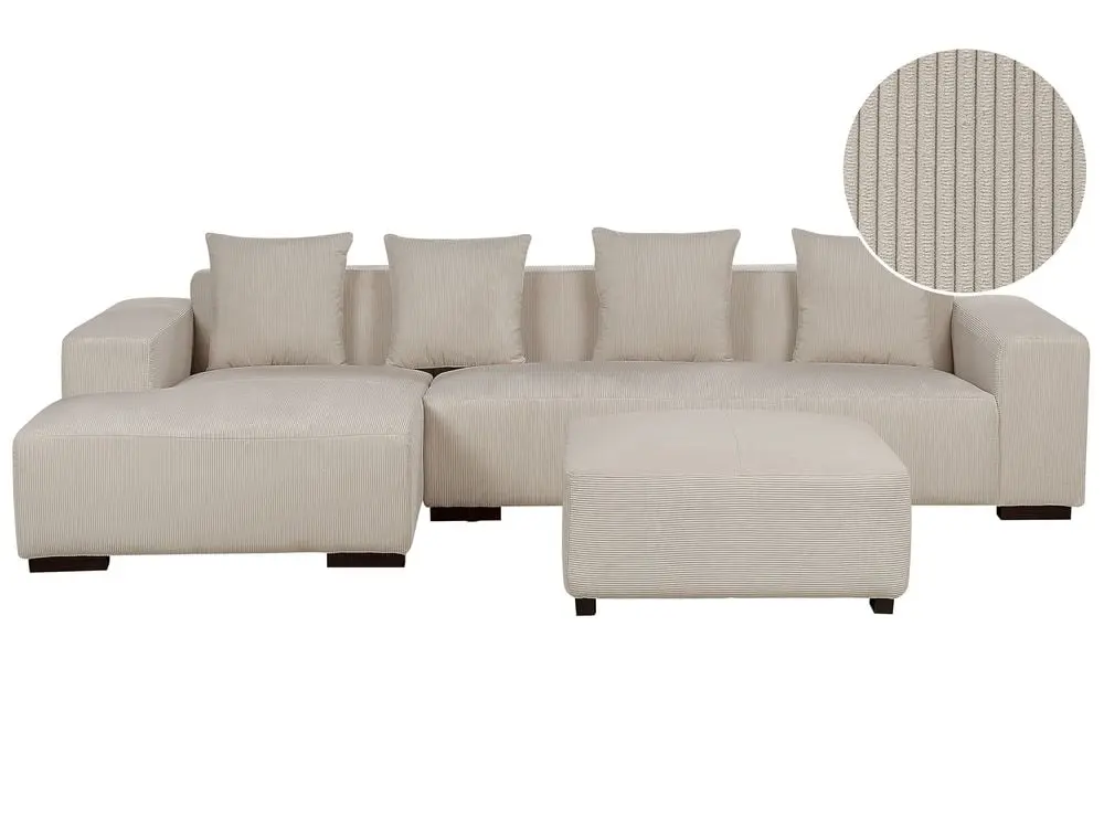 4-Sitzer Ecksofa Cord hellbraun rechtsseitig mit Ottomane LUNGO mit UV-Schutz