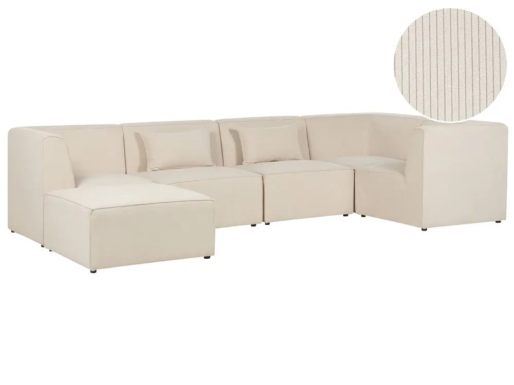 5-Sitzer Ecksofa Cord hellbeige linksseitig mit Ottomane LEMVIG aus pulverbeschichtetem Metall