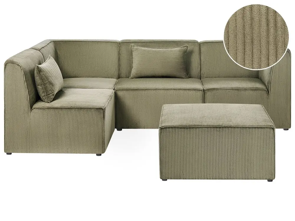 Bequeme 4-Sitzer Ecksofa Cord dunkelgrün rechtsseitig mit Ottomane LEMVIG